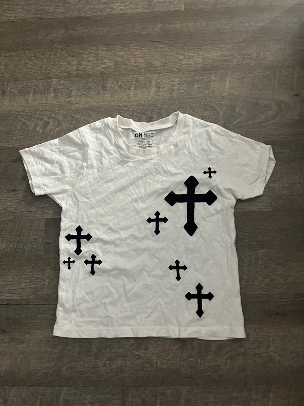 On Fire White Tee with Black Cross Motif